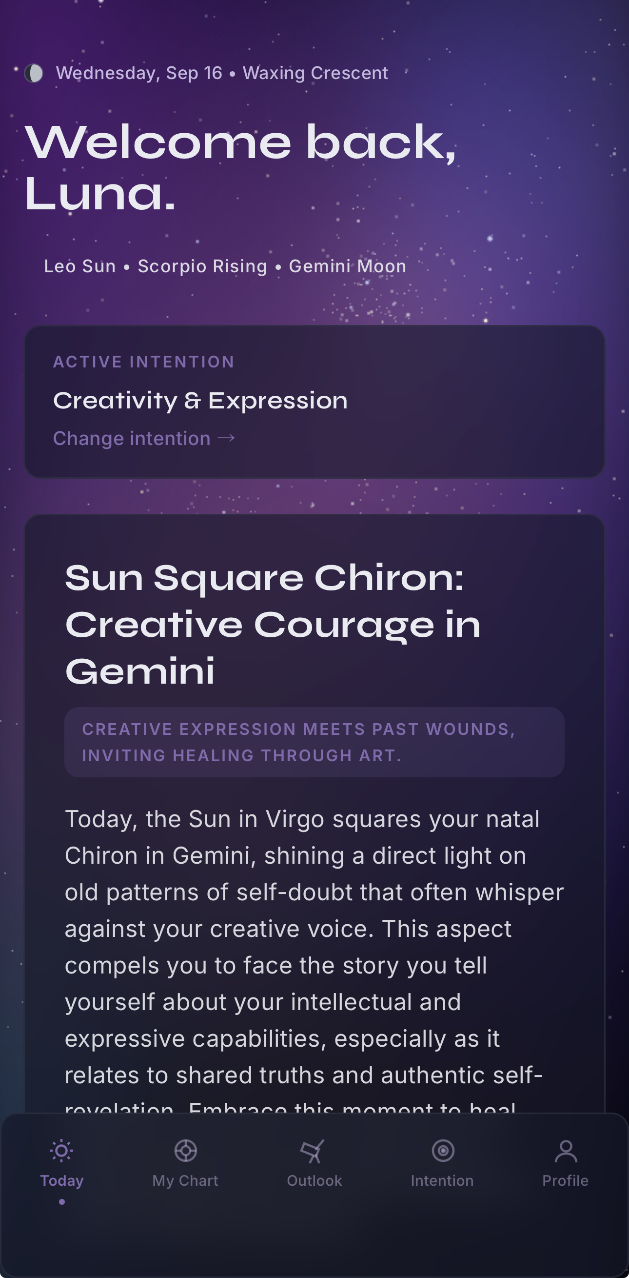 STELLWAY Today screen with the active intention Creativity and Expression