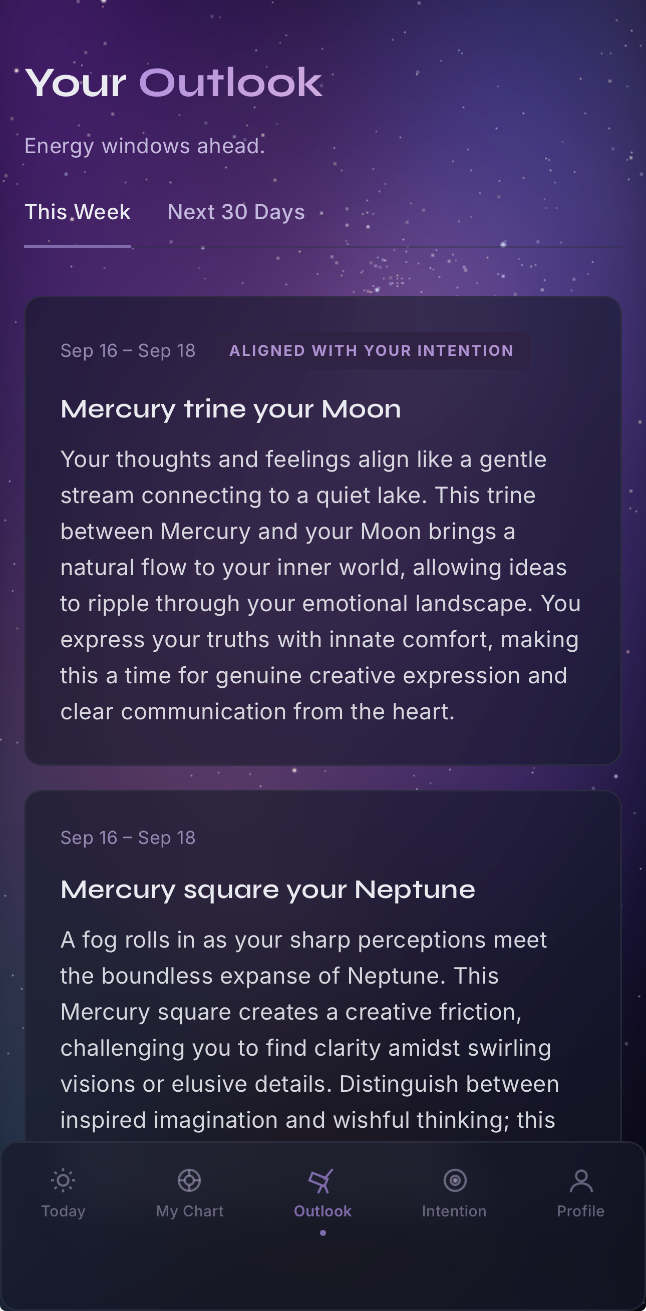 STELLWAY Outlook screen with intention-aligned timing