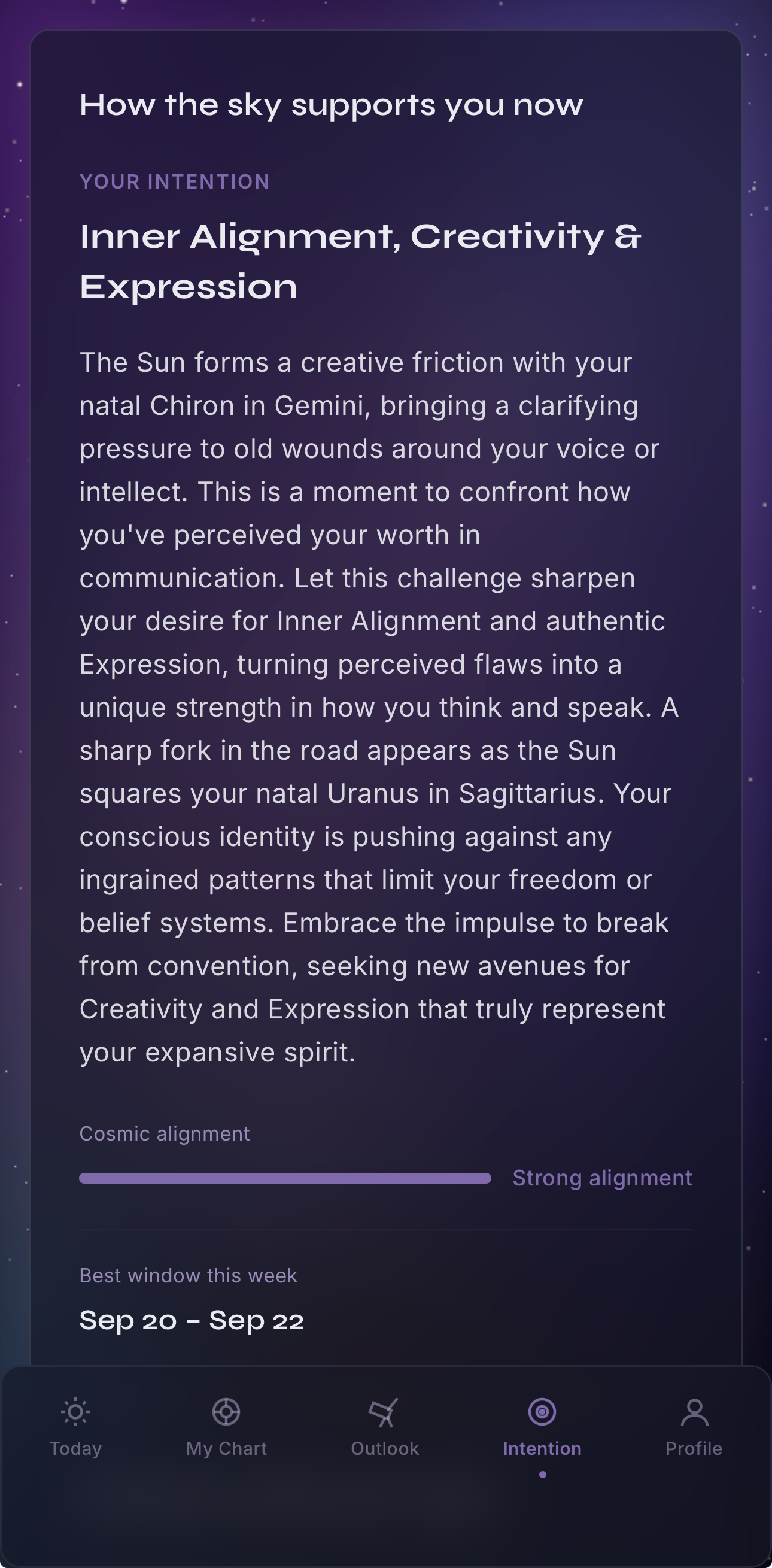 STELLWAY Intention screen showing cosmic alignment strength and the best window this week