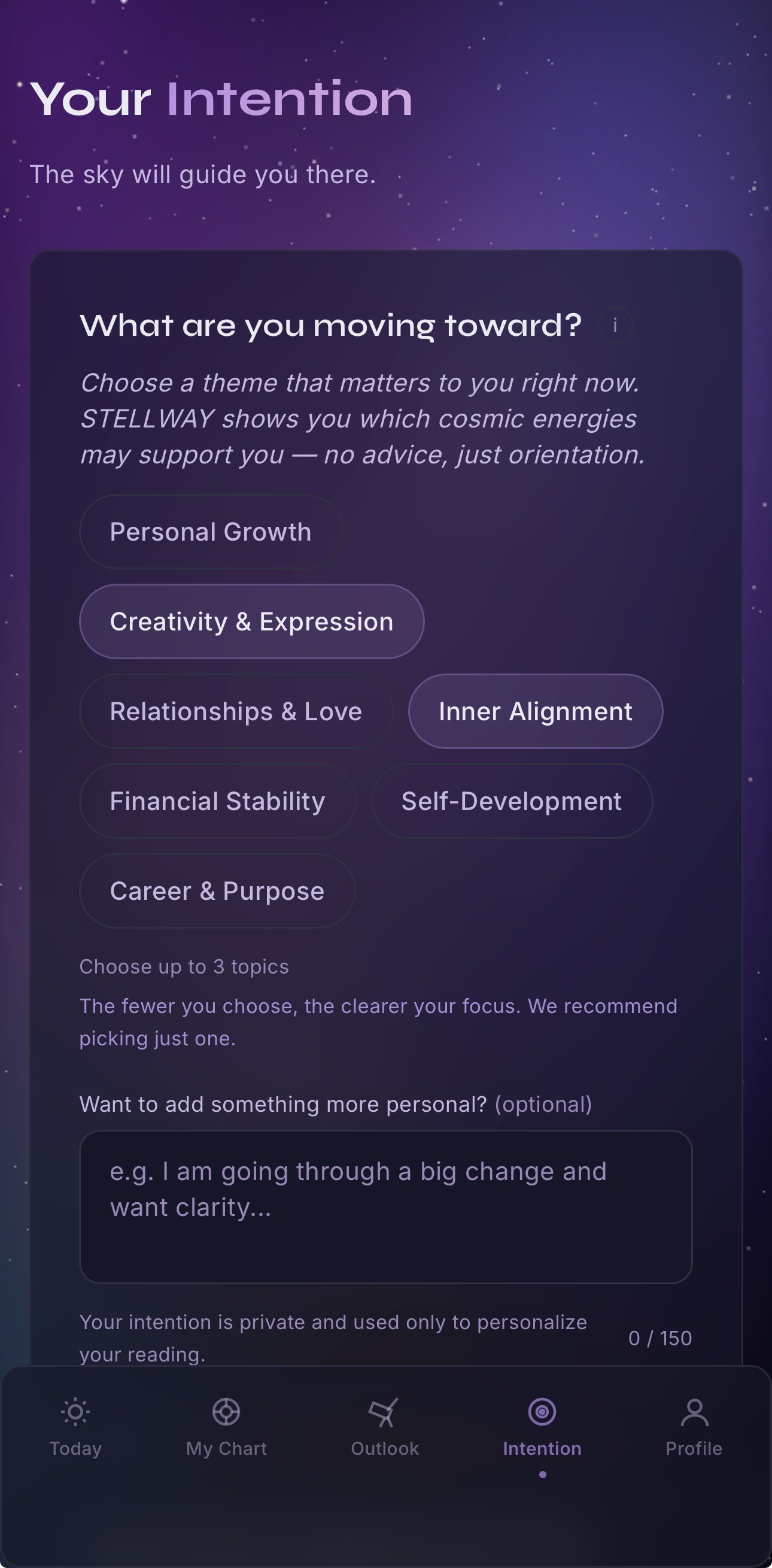 STELLWAY Intention screen with theme choices